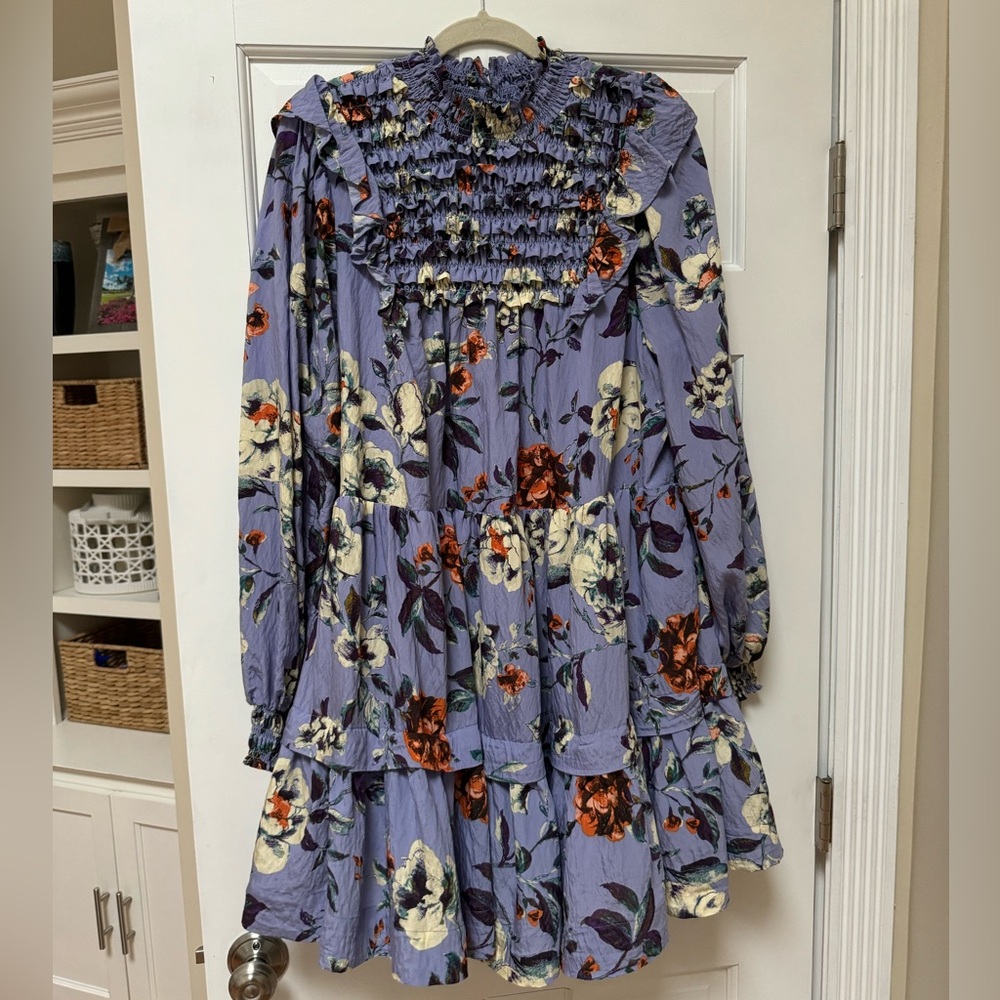 Anthropologie Lavender Floral Smocked Tiered Long-Sleeve Dress